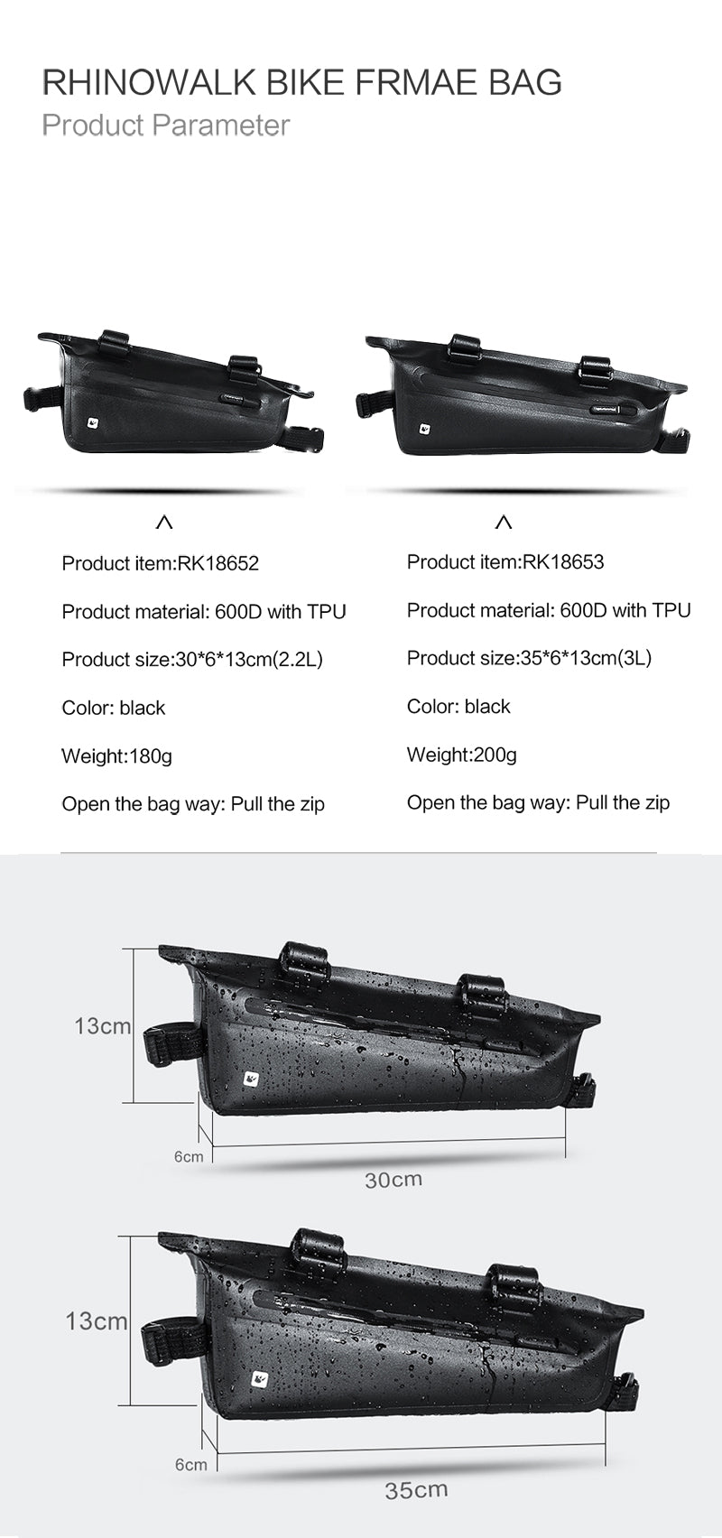 Rhinowalk Rahmentasche 2,8 Liter - wasserdicht schwarz für Oberrohr