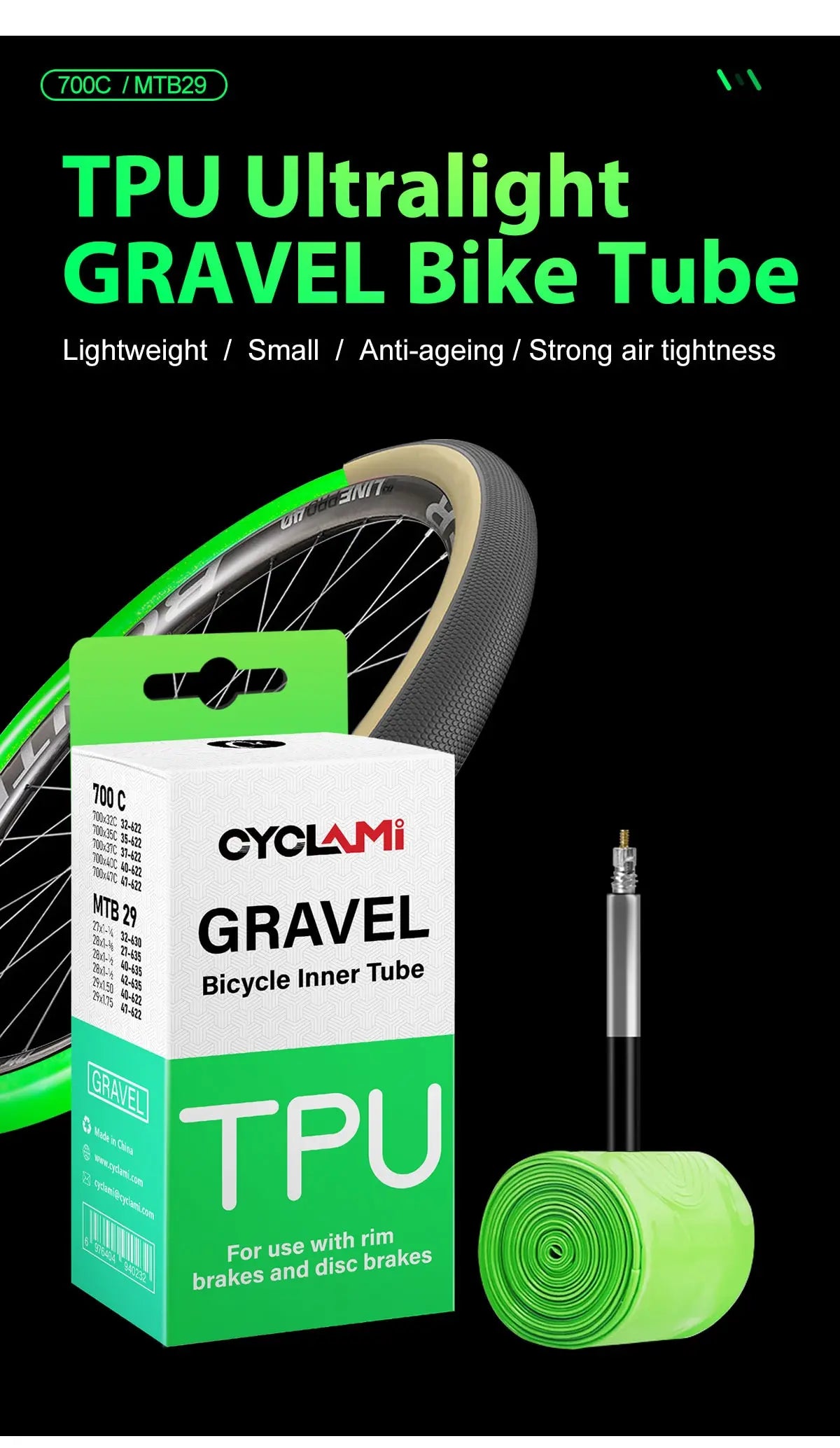 Cyclami Ultraleicht Schlauch 700x32/47c Sclaverand-Ventil 65mm - TPU für Gravelbikes