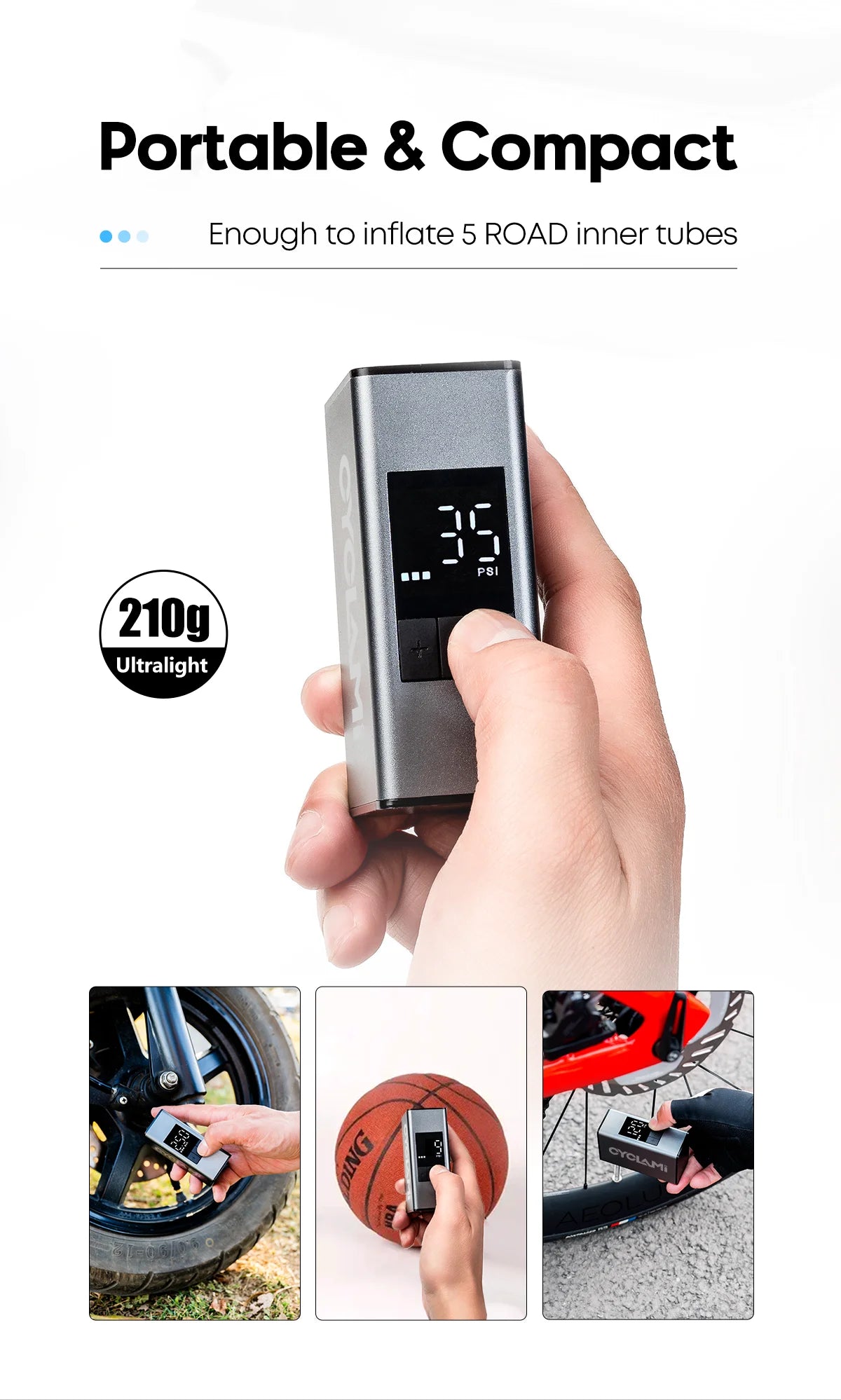 Cyclami - Mini-Luftpumpe für Rennrad und Gravelbike mit Luftdruck-Anzeige und 8 bar Leistung