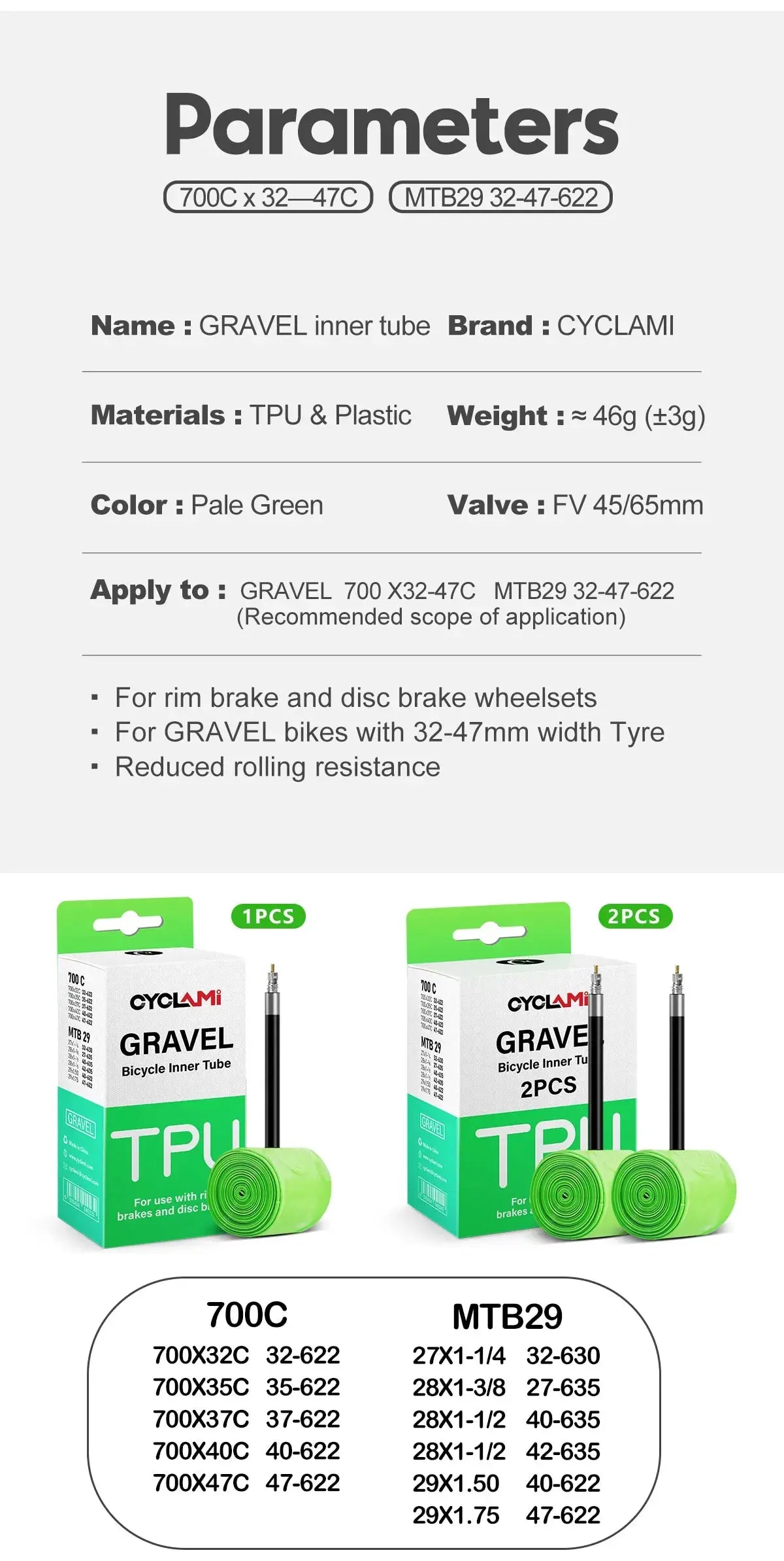 Cyclami Ultraleicht Schlauch 700x32/47c Sclaverand-Ventil 65mm - TPU für Gravelbikes