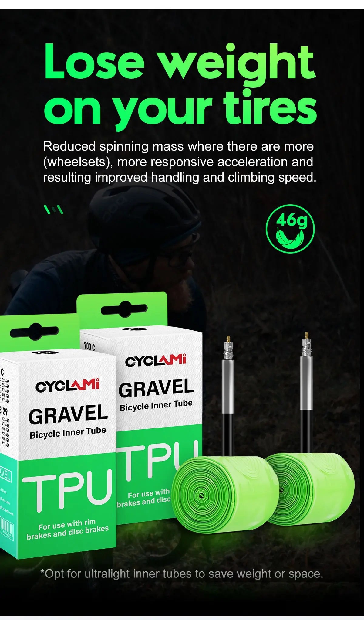 Cyclami Ultraleicht Schlauch 700x32/47c Sclaverand-Ventil 65mm - TPU für Gravelbikes